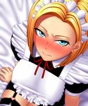  1girl alternate_costume amase amase_(yagami666) android_18 apron black_legwear blonde_hair blue_eyes blush covered_nipples dragon_ball dragon_ball_z earrings enmaided erect_nipples from_above garters hair jewelry maid maid_headdress ribbon short_hair solo stockings thighhighs 