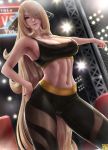  1_girl 1girl abs alluring arena armpits bangs blonde_hair breasts cleavage creatures_(company) cynthia cynthia_(pokemon) female female_abs female_human female_only game_freak gluteal_fold hair_over_one_eye hand_on_hip human human_only limgae long_blonde_hair long_hair looking_at_viewer navel nintendo outstretched_arm pants pokemon pokemon_(game) pokemon_dppt shirona_(pokemon) sleeveless smile solo sports_bra standing stomach swept_bangs toned very_long_hair yoga_pants 