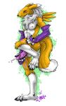 1girl 5_fingers 5_toes anthro anthro_canine anthro_fox arm_warmers artist_name canine closed_eyes cum cumshot detached_sleeves digimon erection fox fur furry futanari guardian_fire masturbation nipples nude one_leg_up penis renamon small_breasts solo standing testicles toei_animation white_fur yellow_fur yin_yang