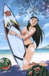 beach bikini black_hair food fruit giant_robo ginrei long_hair swimsuit topless watermelon