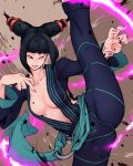  1girl alternate_costume black_hair breasts capcom flexible highres juri_han large_breasts leg_lift leg_up solo street_fighter street_fighter_iv twintails yes_hammy 