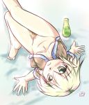 1girl barefoot blonde_hair blush bottle bottomless breasts drink feet female from_above looking_up merri mizuhashi_parsee open_clothes open_shirt parsee_mizuhashi pussy shirt short_hair solo touhou uncensored wakamezake 