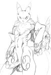  2boys 3_fingers alternate_version ambiguous_gender anthro anthro_canine anthro_fox anthro_only canine detached_sleeves digimon duo erection fox fur furry genderswap karabiner looking_at_viewer male male_anthro male_anthro_fox monochrome mostly_nude muscles penis renamon rule_63 sketch standing testicles toei_animation white_fur yaoi yin_yang 
