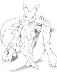  1girl 3_fingers 3_toes anthro anthro_canine anthro_fox breasts canine detached_sleeves digimon erection fox fur furry futanari intersex karabiner looking_at_viewer monochrome mostly_nude nipples penis renamon sitting solo testicles toei_animation white_fur yin_yang 