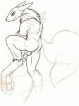  1_anthro 1_male 1_male_anthro 1girl 3_toes anthro anthro_canine anthro_fox arm_warmers canine detached_sleeves digimon erection fox fur furry male male_anthro male_anthro_fox male_renamon monochrome mostly_nude one_leg_up penis renamon side_view sketch smile solo standing tail testicles toei_animation vixen white_fur 