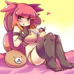  1girl bare_shoulders black bra breasts female fingerless_gloves ginku_mh gloves gradient_hair huge_breasts legs long_hair multicolored_hair red_hair shorts sitting solo stockings thighhighs twin_tails twintails underwear yellow_eyes 