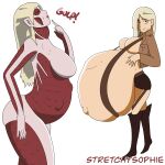 2_girls attack_on_titan belly_bulge belly_expansion blonde_hair closed_eyes evil_clone evil_twin female_titan jacket jacket_open looking_at_viewer original_character pointy_ears purple_eyes smirk stretchysophie vore