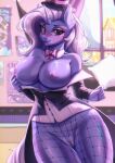  1girl 1girl absurd_res anthro anthrofied areola big_breasts breasts clothed clothing equid equine exposed_breasts fishnet fishnet_legwear friendship_is_magic furry genitals hasbro high_res hikerumin horn legwear mammal my_little_pony nipples no_underwear purple_areola purple_nipples pussy trixie_(mlp) unicorn 