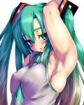  1girl arm_up armpits between_breasts breasts ginku_mh green_eyes green_hair haseru hatsune_miku high_res highres long_hair miku_hatsune muscle neck_tie necktie simple_background solo vocaloid white_background 