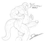 alligator alligatorid anthro balls big_balls big_penis big_testicles crocodilian daigo english_text erection frustrated genitals humanoid_genitalia humanoid_penis looking_at_genitalia looking_at_penis male monochrome musclegut original original_character penis reptile scalie simple_background slightly_chubby solo testicles text towel unwanted_erection wet white_background