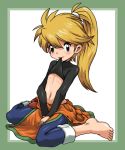  1girl barefoot belly blonde_hair feet flat_chest hair hun lowres midriff mouth_hold navel pokemon pokemon_special ponytail shirt_lift simple_background small_breasts solo white_background yellow_(pokemon) 