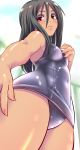  1girl black_hair curvy from_below ginku_mh high_res highres hips one-piece_swimsuit original perspective red_eyes school_swimsuit solo swimsuit 