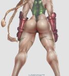  1girl ass ass_crack ass_focus blonde_hair cammy_white cutesexyrobutts feet_out_of_frame fit_female gloves legs_apart leotard pose solo_female street_fighter street_fighter_ii tattoo thick_thighs thighs thong twin_braids 