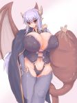 1girl 57mm alma_elma blue_hair breasts cameltoe cape curvy demon_girl demon_wings eating erect_nipples horns huge_breasts long_hair mon-musu_quest! navel panties plump pointy_ears purple_hair red_eyes simple_background standing stockings succubus tail tail_vore tattoo thick_thighs thighhighs thighs underwear very_long_hair vore wings