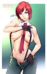  autographed big_breasts blue_eyes breasts gloves king_of_fighters looking_at_viewer neck_tie necktie_between_breasts pubic_hair red_hair saigado shirt shirt_open suspenders vanessa_(king_of_fighters) 