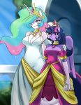  2013 anthro blue_hair blush breasts cleavage clothed clothing collar crown dress elbow_gloves equine female friendship_is_magic furry gloves green_hair hair highres horn horse long_hair multicolored_hair my_little_pony outside pink_eyes pink_hair pony princess_celestia princess_celestia_(mlp) princess_twilight_sparkle_(mlp) purple_eyes purple_hair purple_skin smile sssonic2 standing twilight_sparkle_(mlp) unicorn white_skin winged_unicorn wings 