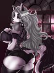  1girl 1girl anthro ass big_ass big_breasts bottomwear breasts canid canine canis clothing collar ezukapizumu furry helluva_boss high_res legwear loona_(vivzmind) mammal red_sclera shorts spiked_collar spikes stockings wolf 