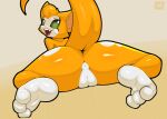  1girl 1girl anthro anus ass bat dust:_an_elysian_tail fangs feet fidget_(elysian_tail) fur genitals green_eyes innie_pussy looking_at_viewer looking_back lying mammal microsoft nimbat on_front orange_body orange_fur presenting presenting_pussy pussy raised_tail savourysausages soles spots spread_legs spreading tail teeth toe_curl white_body white_fur xbox_game_studios 