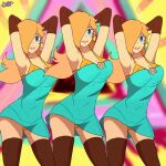 1girl animated arms_behind_head arms_up blonde_hair blue_eyes breasts brooch c_starlett cleavage cowboy_shot dancing dress earrings gloves highres jewelry loop looping_animation mario_(series) me!me!me! multiple_persona nintendo no_sound princess_rosalina see-through short_playtime shorter_than_10_seconds smile solo super_mario_bros. super_mario_galaxy thighhighs video webm