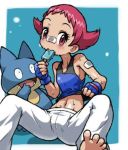  1girl bandage bandages bandaid barefoot bodysuit eye_contact feet flat_chest food gloves gym_leader hun ice_cream jpeg_artifacts looking_at_another lowres maylene midriff munchlax nintendo pink_eyes pink_hair pokemon pokemon_(game) pokemon_dppt short_hair small_breasts small_waist soles solo spread_legs spread_toes sumomo_(pokemon) sweat toe_spread toes 