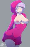  1girl 1girl areola big_breasts blue_eyes breasts exposed_breasts female_only high_resolution lavender_hair looking_at_viewer nipples open_clothes open_shirt partially_unzipped pink_sweater pixen_(derpixon) spookiarts sweater 