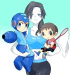 1girl 2boys animal_crossing arm_cannon ban_(3551702) black_hair blue_eyes blush brown_hair capcom carrying clothes_writing cute doubutsu_no_mori female gradient_background grey_eyes hair hand_net headgear helmet long_hair looking_at_viewer male megaman midriff multiple_boys navel net ponytail rockman rockman_(character) rockman_(classic) size_difference smile super_smash_bros. tank_top trainer_(wii_fit) villager_(doubutsu_no_mori) weapon white_skin wii_fit wii_fit_trainer young