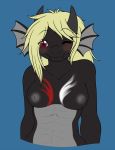  anthro blonde_hair blush breasts cute dragon horns long_hair nipples red_eyes reptile scalie shy smile solo wink 