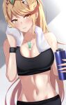 1girl alluring bangs bare_shoulders big_breasts blonde_hair blush bottle breasts chest_jewel cleavage collarbone commentary dutch_angle earrings eyebrows_visible_through_hair high_res jewelry looking_at_viewer mebi_il midriff mythra mythra_(xenoblade) navel nintendo ponytail sports_bra sweat swept_bangs towel voluptuous water_bottle workout_clothes xenoblade_(series) xenoblade_chronicles_2 yellow_eyes