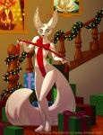  1boy 2016 anthro black_nose box brindle_(artist) bulge canine christmas clothed clothing ear_piercing english_text etheras fennec fox fur furry girly holidays inside male male_only mammal markings piercing portrait ribbons solo stairs text white_fur yaoi yellow_eyes 