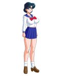  1girl ami_mizuno big_breasts bishoujo_senshi_sailor_moon blue_eyes blue_hair blue_skirt breasts clothed earrings female female_only glamour_works hair looking_at_viewer mizuno_ami sailor_mercury sailor_moon school_uniform shoes short_hair skirt socks solo standing transparent_background white_socks 