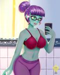  1_girl 1girl bespectacled bra equestria_girls female female_only focus_bx friendship_is_magic glasses green_eyes hair_bun holding_smartphone indoors my_little_pony pants partially_clothed rosette_nebula_(eg) smartphone solo standing 