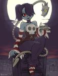  1girl bare_shoulders blue_hair blue_skin breasts crybringer detached_sleeves dress grave graveyard hair_over_one_eye jason_robinson leviathan_(skullgirls) monster_girl red_eyes side_ponytail sienna_contiello skull skullgirls smile squigly_(skullgirls) stitched_mouth yellow_eyes zombie 