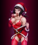 1girl absurd_res areola bangs belt big_breasts breasts candy candy_cane capcom christmas christmas_outfit cleavage cowboy_shot curvy drew_gardner_(artist) drill_hair eyelashes female_only food garter_straps hat high_res holidays human juri_han leotard looking_at_viewer nipple_bulge nipples perky_breasts pink_eyes santa_claus_(cosplay) santa_costume santa_hat seductive see-through sidelocks simple_background solo_female standing stockings street_fighter twin_drills undressing