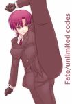  1girl bad_id bazett_fraga_mcremitz big_breasts breasts capcom earrings fate/hollow_ataraxia fate/stay_night fate/unlimited_codes fate_(series) formal high_kick jewelry kannagi_kaname kick kicking large_breasts pant_suit pink_eyes pink_hair short_hair solo suit 