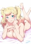  ass bed blonde_hair blue_eyes blush breasts colored_nails ear_piercing eyebrows_visible_through_hair heart heart-shaped_pupils hentai huge_ass huge_breasts jk_bitch_ni_shiboraretai joy_ride looking_at_viewer nude smile solo_female teeth twintails two_tone_hair yariko 