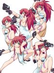  1girl akimbo bad_id bare_shoulders blush breasts character_sheet cleavage dual_wield dual_wielding earrings fingerless_gloves gloves green_eyes gun hands_on_hips haou_airen heart heart_maebari himeki_luna hinemosu hinemosu_notari jewelry large_breasts legs long_hair looking_at_viewer maebari no_bra one_eye_closed parody pelvic_curtain ponytail red_hair revealing_clothes simple_background smile solo vanguard_princess weapon white_background wink 