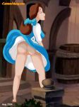  1girl 2004 ass beauty_and_the_beast breasts brown_hair cartoonvalley.com closed_eyes clothed disney dress dress_lift female female_only from_behind helg_(artist) legs lipstick long_hair no_panties princess_belle pussy smile standing tied_hair watermark web_address web_address_without_path 