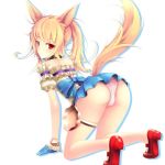  all_fours animal_ears blonde_hair blush collar elin_(tera) female from_behind gloves hair looking_at_viewer looking_back panties pink_panties plain_background ponytail red_eyes skirt solo spiked_collar spikes tears tera_online underwear white_background 癸のずみ 