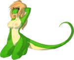 anthro breasts brown_hair lizard long_hair monitor_lizard nipples nude red_eyes reptile scalie shiny shiny_skin solo 