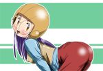  ass bent_over blush brown_eyes digimon digimon_adventure_02 digimon_adventures_02 erect_nipples glasses helmet hikawadou inoue_miyako long_hair long_sleeves looking_at_viewer open_mouth purple_hair small_breasts striped striped_background tight_pants vest 