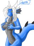  anthro breasts cover_up dragon dragoness female horns long_hair nude reptile shiny shiny_skin smile solo white_hair yellow_eyes 