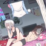 2girls aftersex alternate_hairstyle ass bed big_breasts bike_shorts blue_eyes bookshelf breasts brown_hair clock closed_eyes clothes_line clothesline digital_clock drooling drying_clothes freckles gym_leader hair hair_bobbles hair_down hair_ornament hair_ornament_removed homika_(pokemon) kawaisou large_breasts long_hair lying mei_(pokemon) multiple_girls nintendo nipple_slip nipples nude open_mouth panties pillow pokemon pokemon_(game) pokemon_bw2 poster_(object) saliva short_hair silver_hair sitting sleeping sports_bra tissue tissue_box underwear used_tissue yuri 