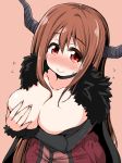  1girl :&gt; big_breasts blush breasts brown_hair cape choker cleavage covering covering_breasts dress flying_sweatdrops fur_trim horns large_breasts long_hair looking_at_viewer maou_(maoyuu) maoyuu_maou_yuusha naitou_kouse red_eyes smile solo 