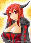  1girl argyle artist_name big_breasts breasts choker cleavage dress fake_horns fur_trim large_breasts long_hair maou_(maoyuu) maoyuu_maou_yuusha nightmare77zx red_eyes red_hair ribbon smile solo traditional_media 