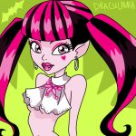  draculaura earrings fangs green_background heart monster_high multicolor_hair pink_skin pointed_ears simple_background vampire 