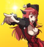  1girl big_breasts breasts cleavage demon_girl foreshortening horns large_breasts long_hair maou_(maoyuu) maoyuu_maou_yuusha one_eye_closed open_mouth pointing pose red_eyes red_hair solo sparkle ueyama_michirou wink yellow_background 