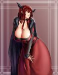  1girl breasts cape choker cleavage demon_girl dress eu03 hand_on_knee hanging_breasts high_res horns huge_breasts leaning_forward lips long_hair maou_(maoyuu) maoyuu_maou_yuusha parted_lips red_eyes red_hair signature sketch solo 