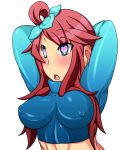  1girl arms_behind_head arms_up big_breasts blush breasts bust erect_nipples fuuro_(pokemon) gym_leader hair_ornament heart heart-shaped_pupils hypnosis impossible_clothes large_breasts mind_control nintendo pokemon pokemon_(game) pokemon_bw red_hair ribs simple_background solo symbol-shaped_pupils upper_body white_background 