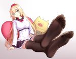  1girl 1girl akai_haato big_breasts black_legwear blonde blue_eyes bow breasts crossed_legs dress feet feet_towards_viewer hair_ornament heart heart_pillow high_resolution hololive long_hair looking_at_viewer pig pillow ponytail ribbon sitting smile socks soles stockings thighs tied_hair toes virtual_youtuber white_dress zettai_ryouiki 