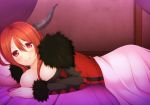  1girl bed bed_sheet big_breasts blush breasts fur_trim gabao. high_res horns looking_at_viewer maou_(maoyuu) maoyuu_maou_yuusha pillow pov red_eyes red_hair smile solo 